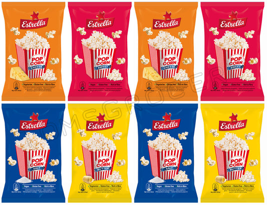 8 x ESTRELLA POP CORN PARTY FLAVORS MIX Snacks Microwave Ready Bags 90g 3.18oz