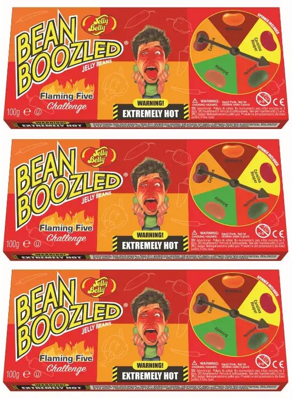 JELLY BELLY BEAN BOOZLED SPINNER Challenge Flaming Hot Candy Party Box 3x 100g