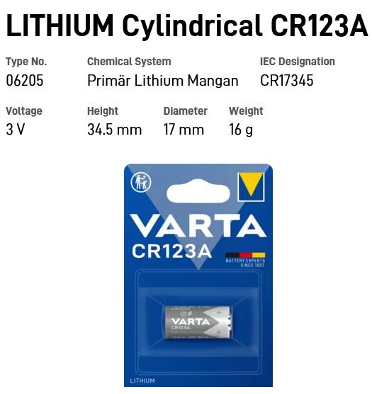 10 VARTA LITHIUM CR123A 6205 3V CR17345 06205 Cylindrical Batteries