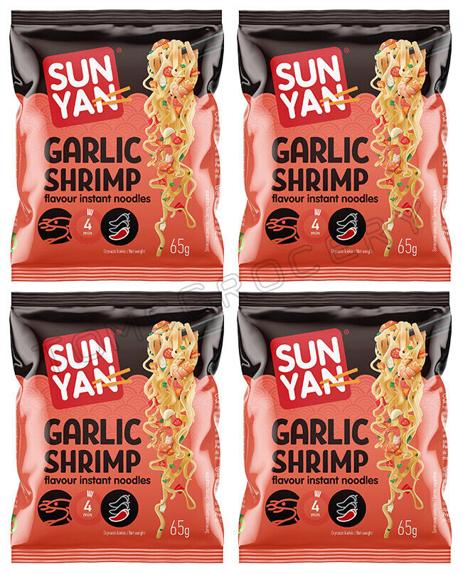 4 SUN YAN GARLIC SHRIMP Flavor Instant Ramen Noodles Snacks Soup 65g 2.3oz