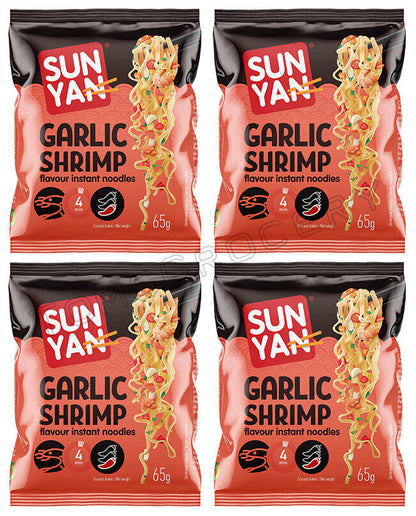 4 SUN YAN GARLIC SHRIMP Flavor Instant Ramen Noodles Snacks Soup 65g 2.3oz