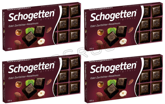 4 SCHOGETTEN Dark Chocolate Bars With Hazelnuts German Sweets Candy 100g 3.5oz