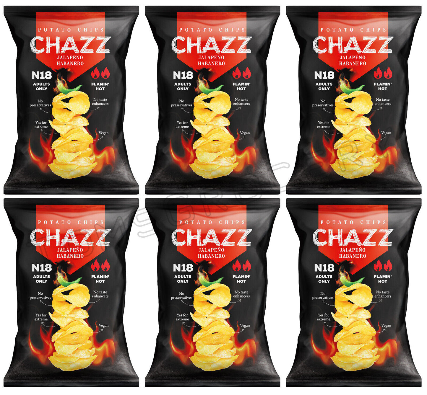6 CHAZZ JALAPENO HABANERO Flamin Hot Flavor Potato Chips Crisps Snacks 90g 3.1oz