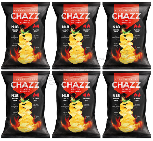 6 CHAZZ JALAPENO HABANERO Flamin Hot Flavor Potato Chips Crisps Snacks 90g 3.1oz