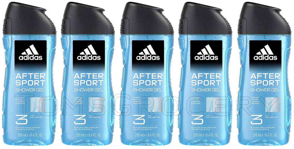 5 ADIDAS AFTER SPORT 3in1 Hydrating Shower Gel Bottles For Men 250ml