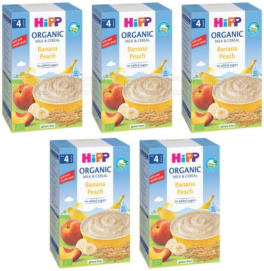 5 HIPP ORGANIC Milk Cereal with Banana & Peach from 4 Months Gluten Free 250g