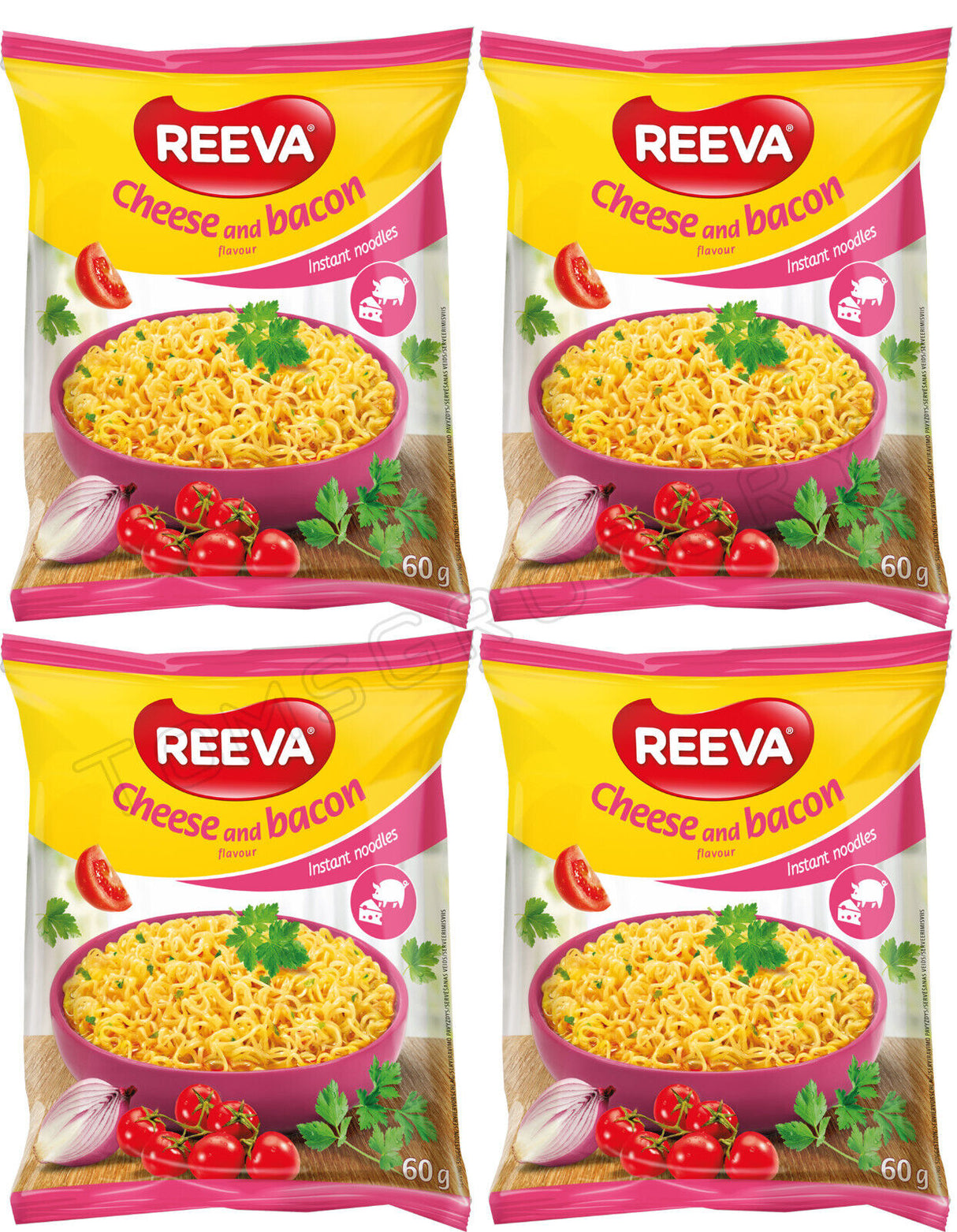 4 REEVA CHEESE & BACON Flavor Instant Ramen Noodle Soup Snacks (Rollton) 60g