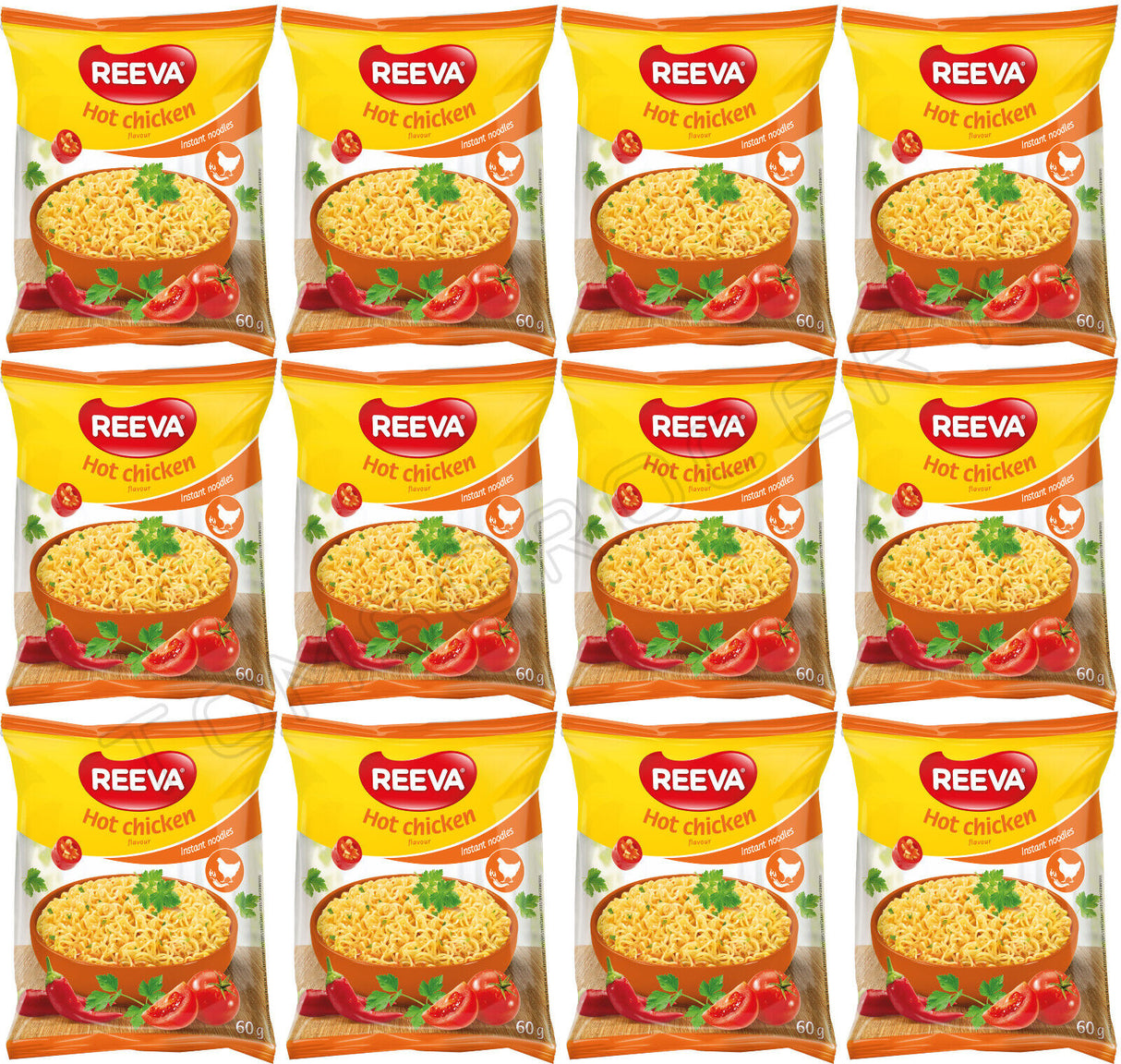 12 REEVA HOT CHICKEN Flavor Instant Ramen Noodle Soup Snacks (Rollton) 60g 2.2oz