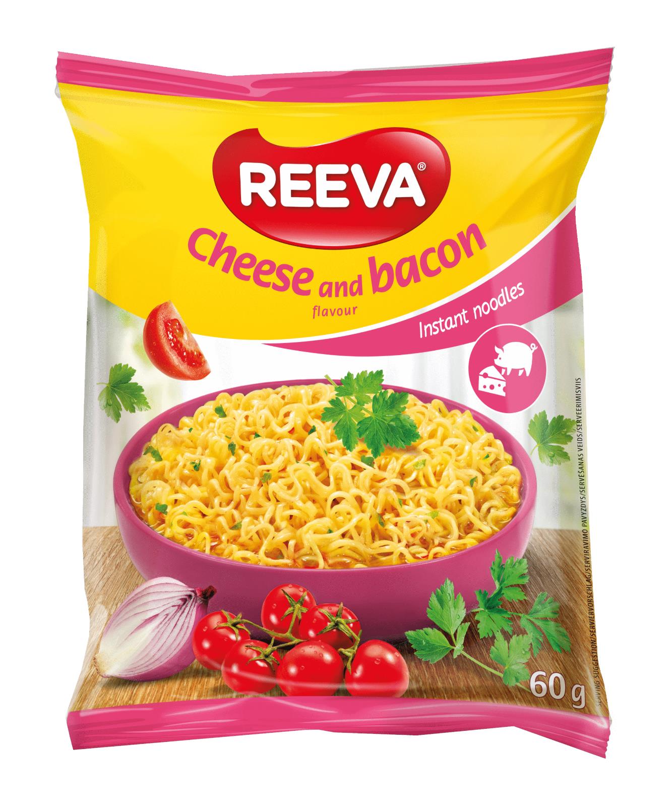 12 REEVA CHEESE & BACON Flavor Instant Ramen Noodle Soup Snacks (Rollton) 60g