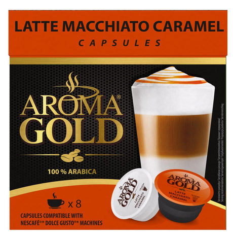 AROMA GOLD MACCHIATO CARAMEL Flavor Coffee Capsules Box for Dolce Gusto Machines
