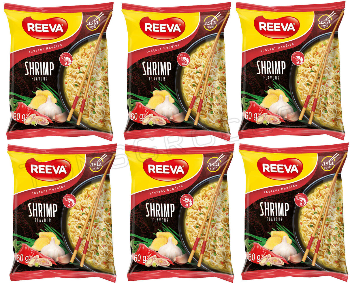 6 REEVA SHRIMP Flavor Instant Ramen Noodle Soup Snacks (Rollton) 60g