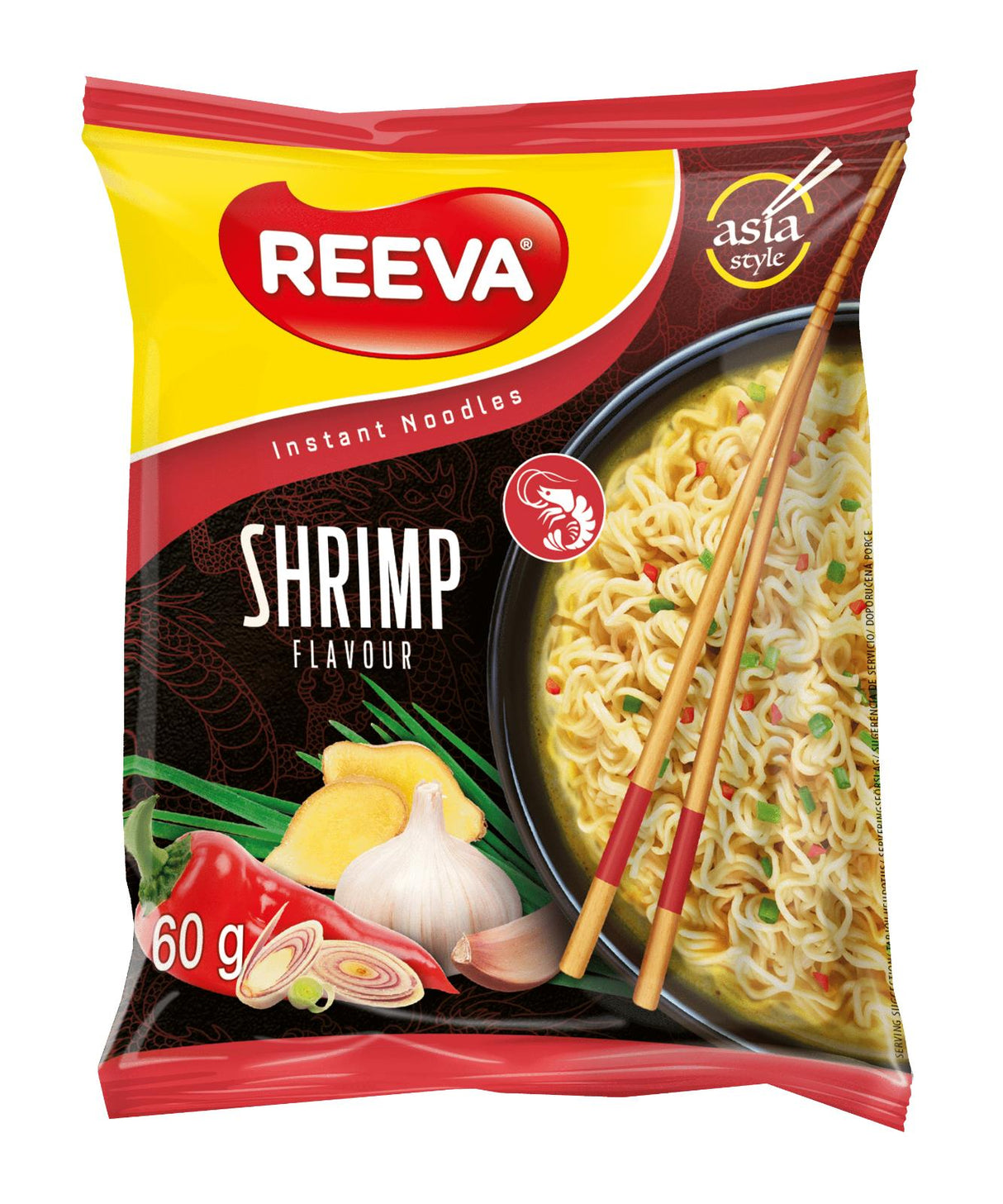 6 REEVA SHRIMP Flavor Instant Ramen Noodle Soup Snacks (Rollton) 60g