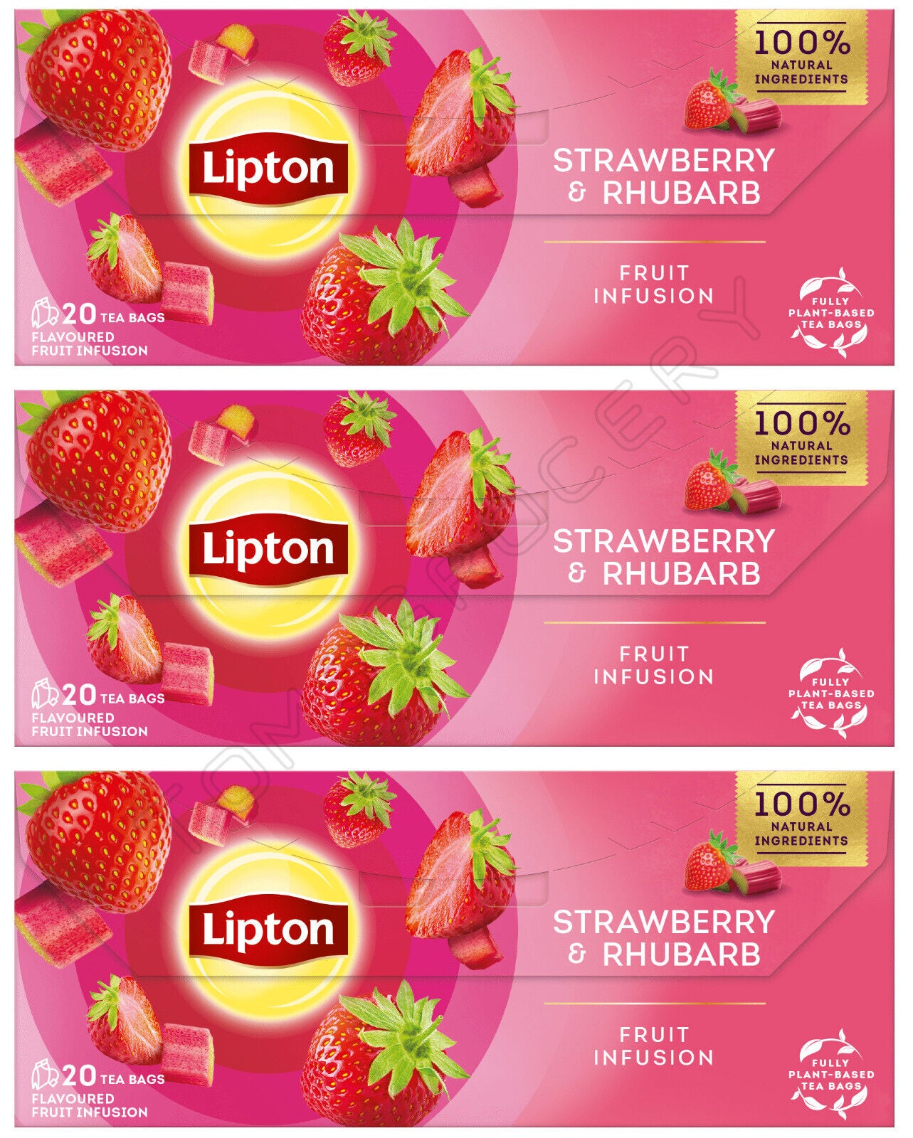 3 LIPTON STRAWBERRY & RHUBARB Flavor Fruit Infusion Tea Boxes (60 servings)