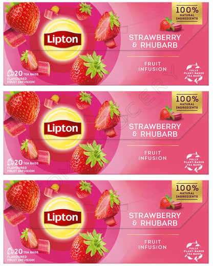 3 LIPTON STRAWBERRY & RHUBARB Flavor Fruit Infusion Tea Boxes (60 servings)
