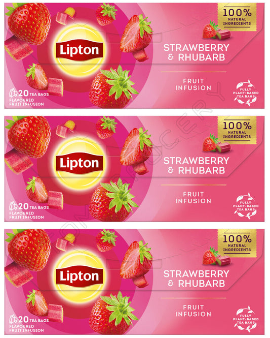 3 LIPTON STRAWBERRY & RHUBARB Flavor Fruit Infusion Tea Boxes (60 servings)