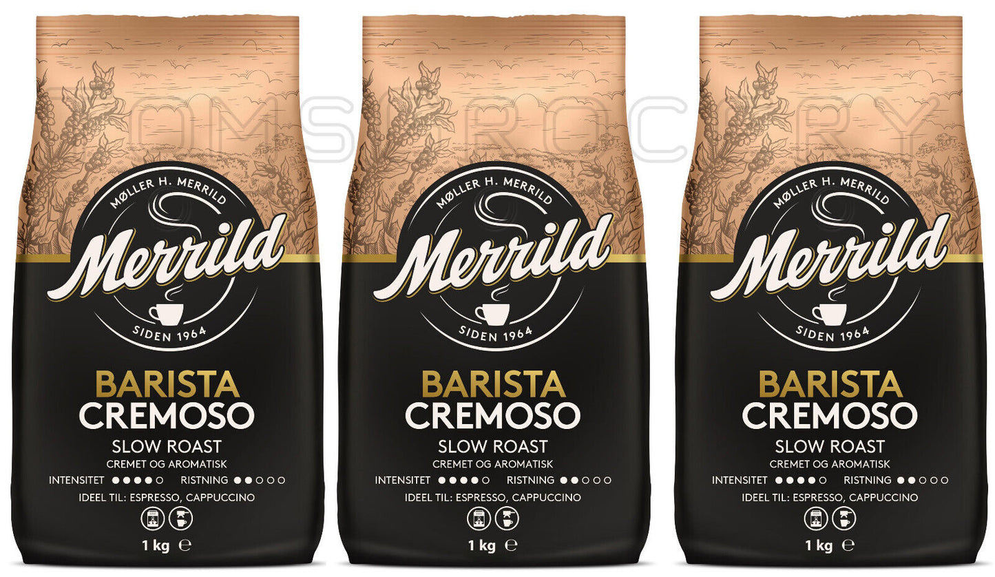 3 MERRILD BARISTA CREMOSO Packs Slow Roast Coffee Beans 1kg 35oz