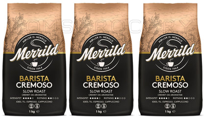3 MERRILD BARISTA CREMOSO Packs Slow Roast Coffee Beans 1kg 35oz