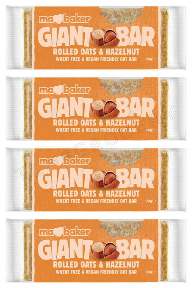 4 MA BAKER GIANT BAR Rolled Oats & Hazelnut Vegan Cereal Bars 90g 3.17oz