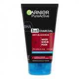 5 GARNIER 3in1 CHARCOAL Anti-Blackhead Wash Scrub Mask 150ml