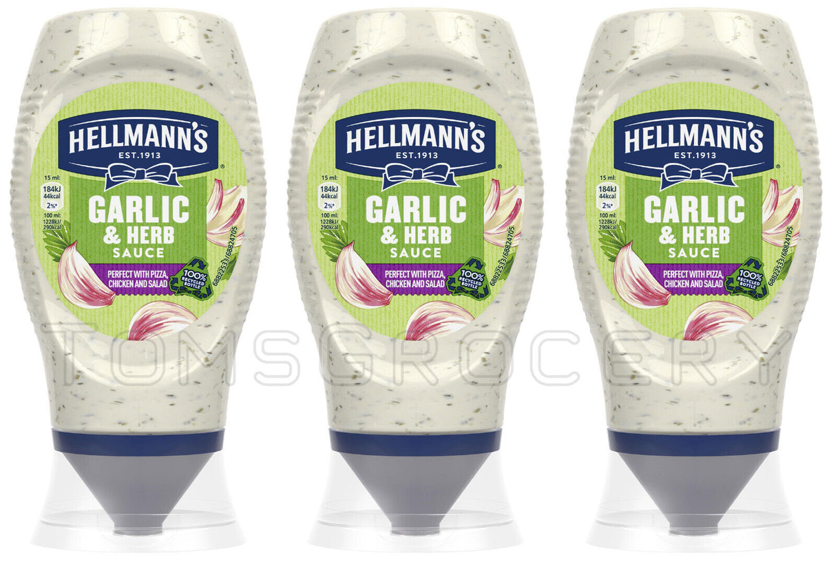 3 HELLMANNS GARILC & HERB Sauce Bottles 250ml 8.45oz