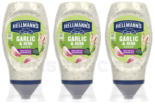 3 HELLMANNS GARILC & HERB Sauce Bottles 250ml 8.45oz