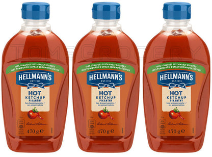 3 HELLMANNS HOT KETCHUP Spicy Cajun Squeeze Bottles 470g 16.5oz