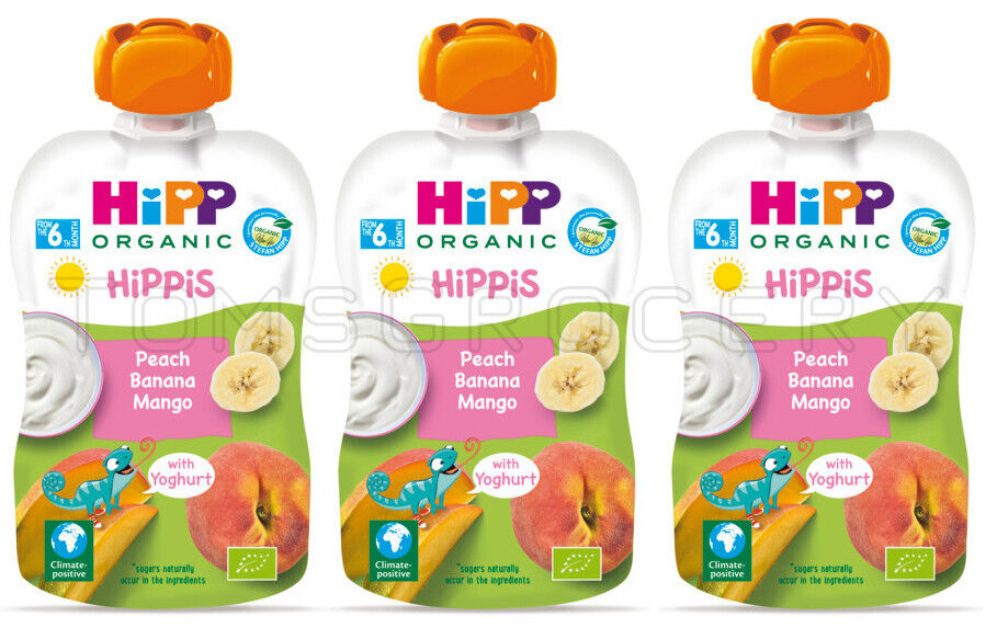 3 HIPP Organic Peach Banana Mango with Yogurt Puree from 6 Months 100g 3.5oz