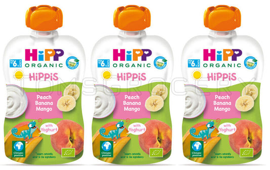 3 HIPP Organic Peach Banana Mango with Yogurt Puree from 6 Months 100g 3.5oz