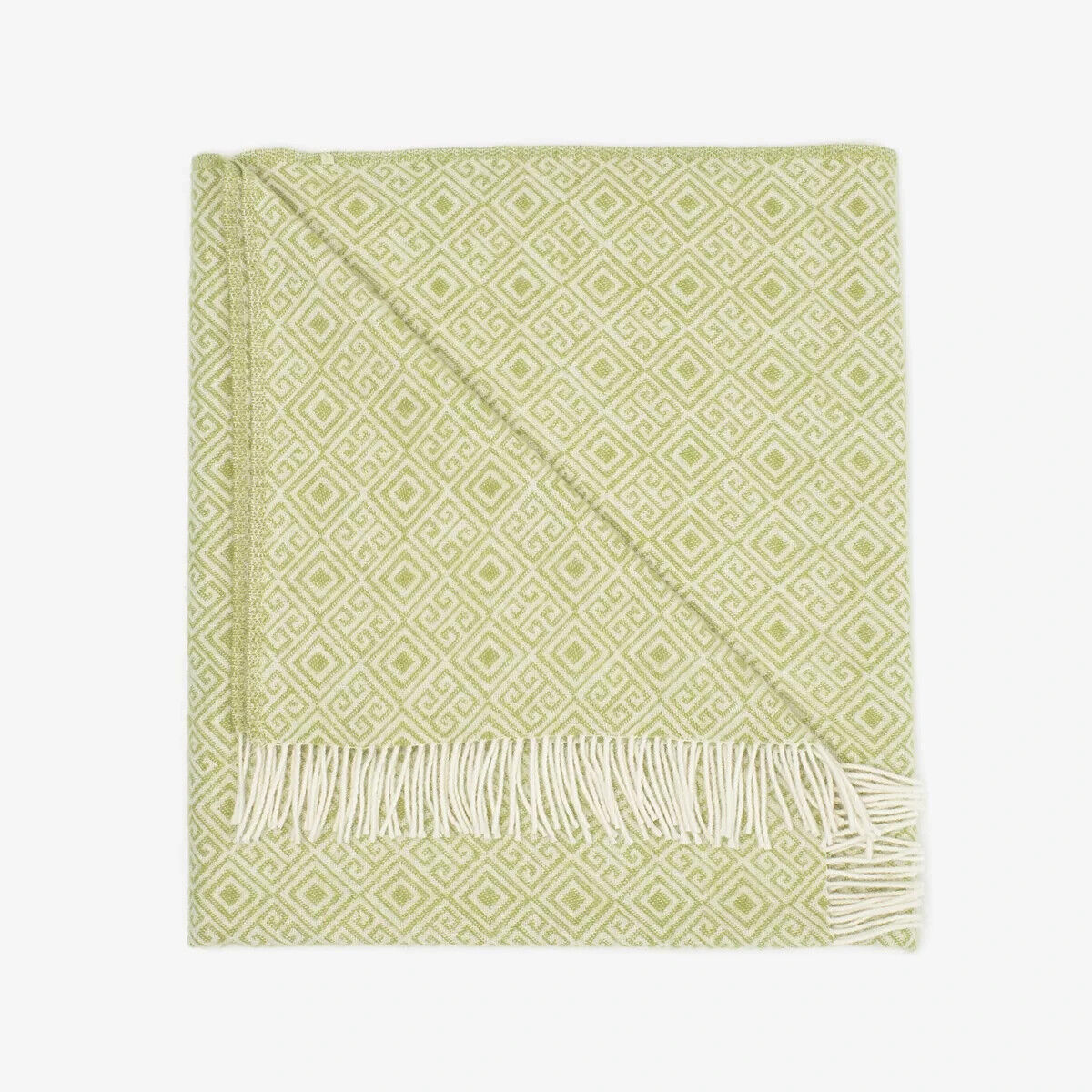 Green Woolen Blanket 100% Merino Wool with Greek Rhombuses Pattern & Fringes