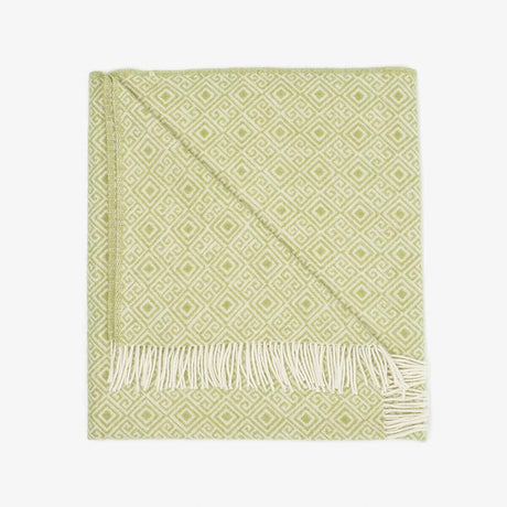 Green Woolen Blanket 100% Merino Wool with Greek Rhombuses Pattern & Fringes