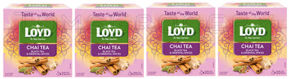 4 LOYD CHAI TEA Oriental Spices Flavored Black Tea Boxes (80 servings total)