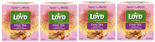 4 LOYD CHAI TEA Oriental Spices Flavored Black Tea Boxes (80 servings total)