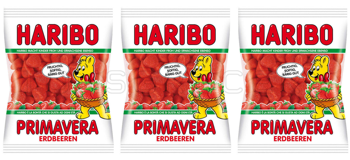 3 HARIBO PRIMAVERA Strawberry Flavor Sugar Coated Gummy Candy Sweets 100g 3.5oz