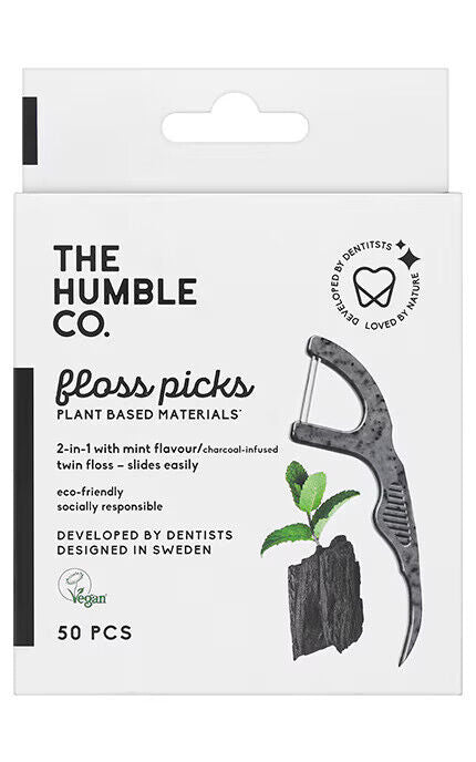 3 HUMBLE Mint Charcoal Floss Picks Toothpicks Dental Floss 50pcs per pack