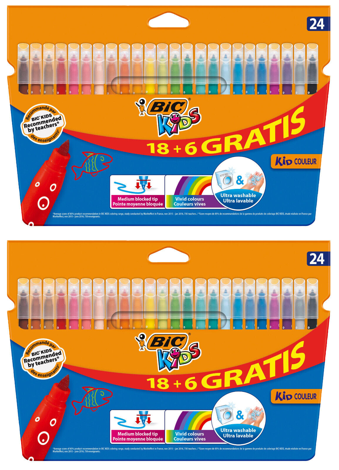 2 PACKS BIC Kids 24 Ultra Washable Vivid Colors Coloring Felt Pens Kid Couleur