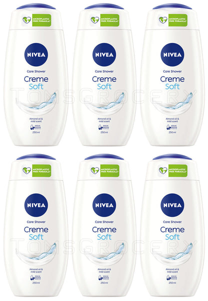 6 NIVEA CREME SOFT Care Shower Cream with Almond Oil & Mild Scent Bottles 250ml