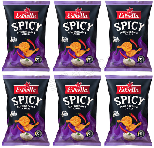 6 ESTRELLA SPICY Sourcream & Chilli Flavor Potato Chips Snacks Bags 115g 4oz