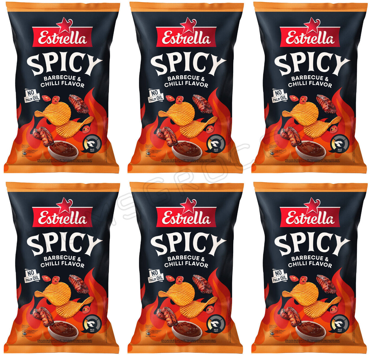 6 ESTRELLA SPICY Barbecue & Chilli Flavor Potato Chips 115g 4oz