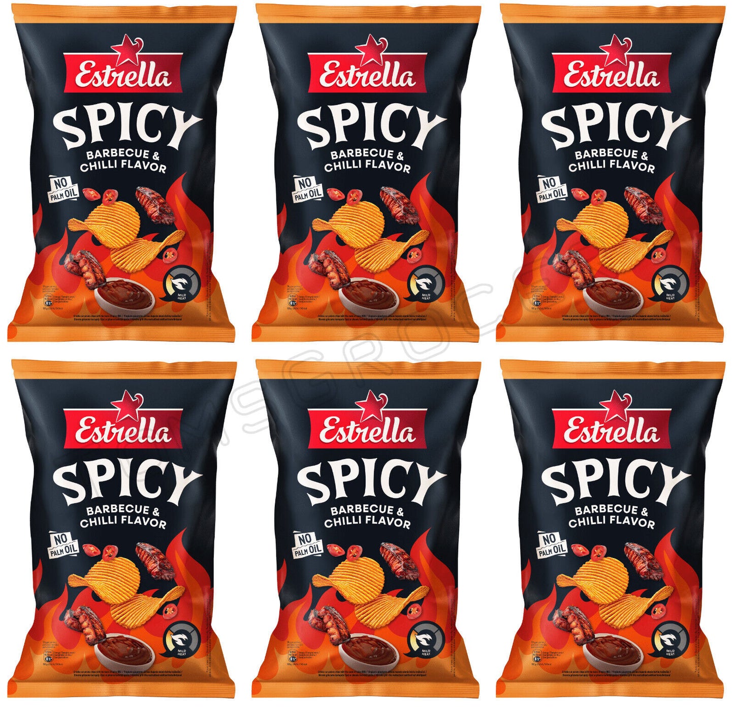 6 ESTRELLA SPICY Barbecue & Chilli Flavor Potato Chips Snacks Bags 115g 4oz