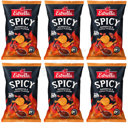 6 ESTRELLA SPICY Barbecue & Chilli Flavor Potato Chips Snacks Bags 115g 4oz