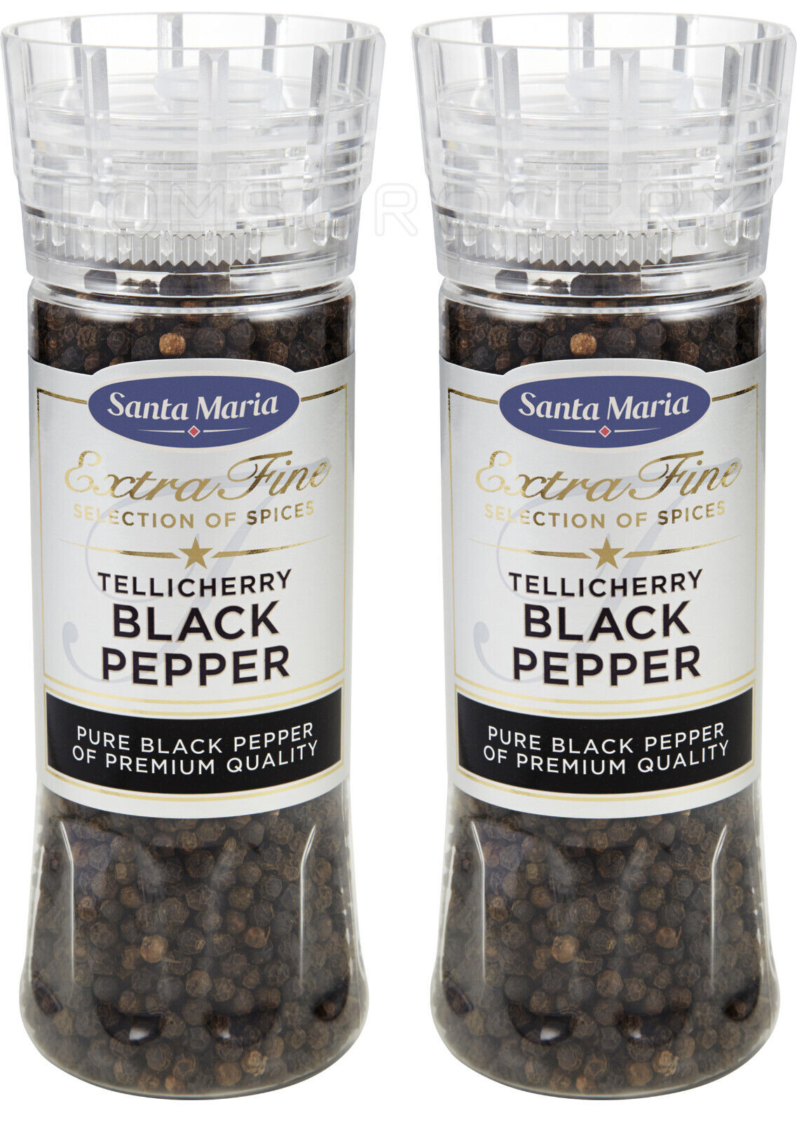 2 SANTA MARIA TELLICHERRY BLACK PEPPER Premium Quality XXL Grinders 210g 7.4oz