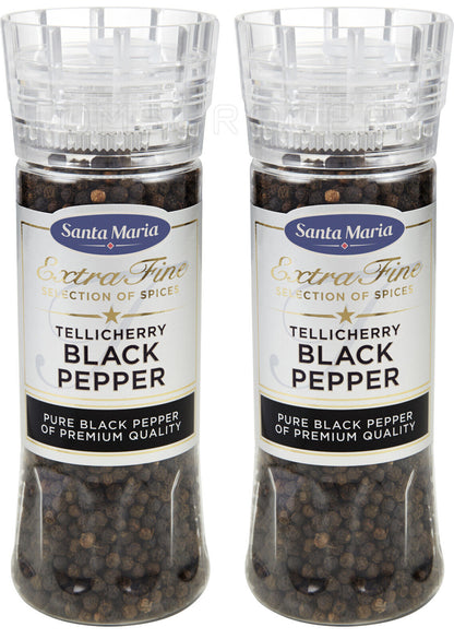 2 SANTA MARIA TELLICHERRY BLACK PEPPER Premium Quality XXL Grinders 210g 7.4oz