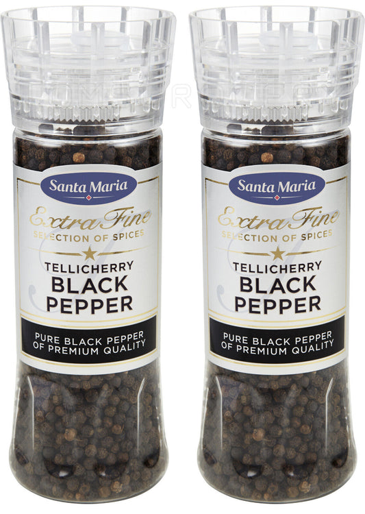 2 SANTA MARIA TELLICHERRY BLACK PEPPER Premium Quality XXL Grinders 210g 7.4oz