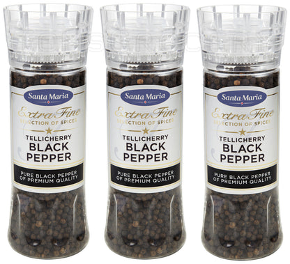 3 SANTA MARIA TELLICHERRY BLACK PEPPER Premium Quality XXL Grinders 210g 7.4oz