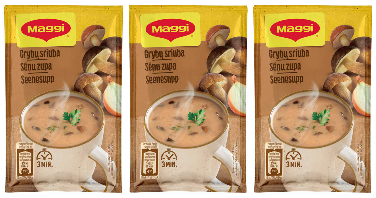 3 MAGGI CREAMY MUSHROOM Flavor Instant Soup Sachets Quick Hot Mug Meal 22g