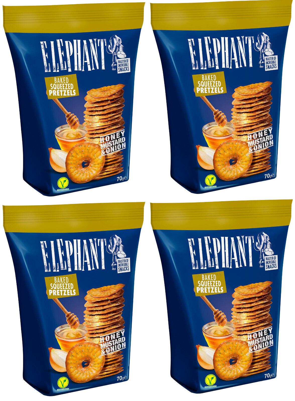 4 ELEPHANT Baked Squeezed Pretzels Honey Mustard Onion Flavor Snacks 70g 2.5oz