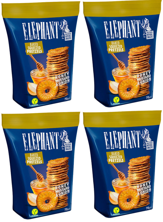 4 ELEPHANT Baked Squeezed Pretzels Honey Mustard Onion Flavor Snacks 70g 2.5oz