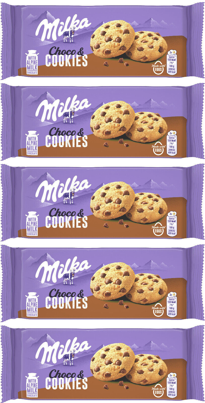 5 MILKA CHOCO COOKIES Crunchy Biscuits with Alpine Milk Chocolate Bits 135g