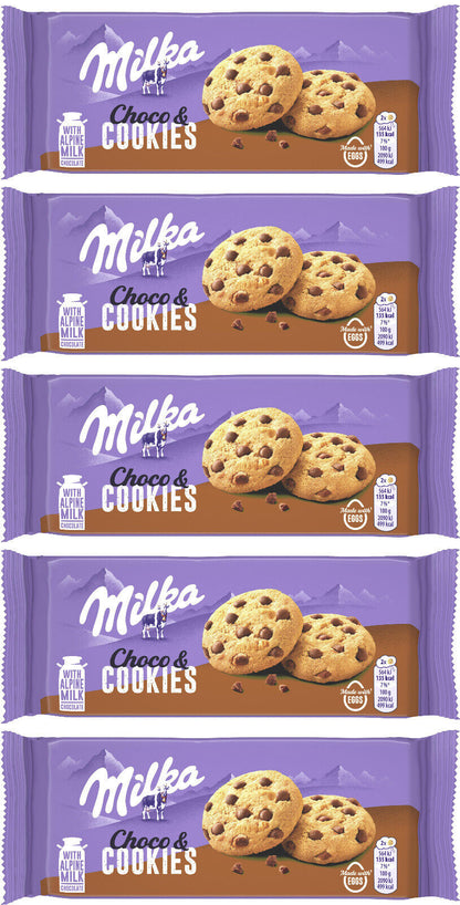5 MILKA CHOCO COOKIES Crunchy Biscuits with Alpine Milk Chocolate Bits 135g
