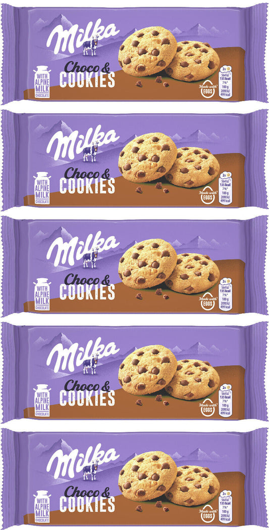 5 MILKA CHOCO COOKIES Crunchy Biscuits with Alpine Milk Chocolate Bits 135g